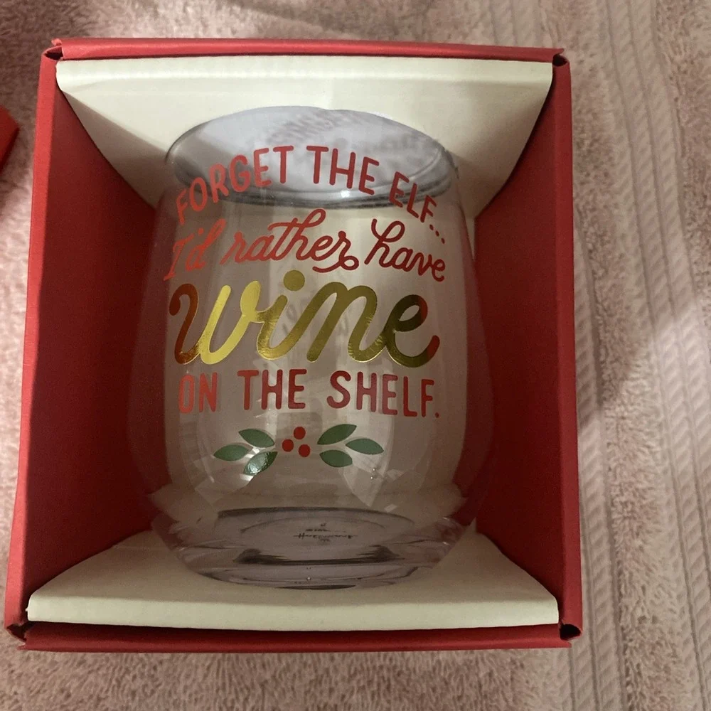 Festive Funny Hallmark Forget‎ The Elf Christmas stemless Wine Glass Tumbler NIB